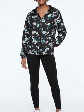 PINK Victoria's Secret Black Floral Logo Windbreaker Hooded Jacket size M/L